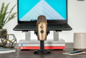 Ein Mikrophon im Vorderghrund, dahinter, unscharf, ein Laptop auf einem Ständer.